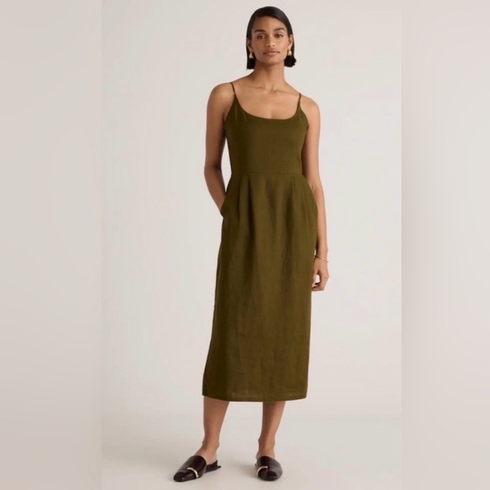 Quince 100% European Linen Scoop Neck Sleeveless Midi Dress Olive Green Medium